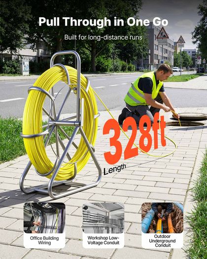 Fish Tape Fiberglass, 100M 6.3MM, Duct Rodder Fishtape Wire Puller with Stand, Cable Running Rod with Locking Mechanism, Fishing Tools, for Walls Floor and Electrical Conduit, Non-Conductive