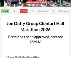 Joe Duffy Clontarf Half marathon - Race number for race on Saturday 4July