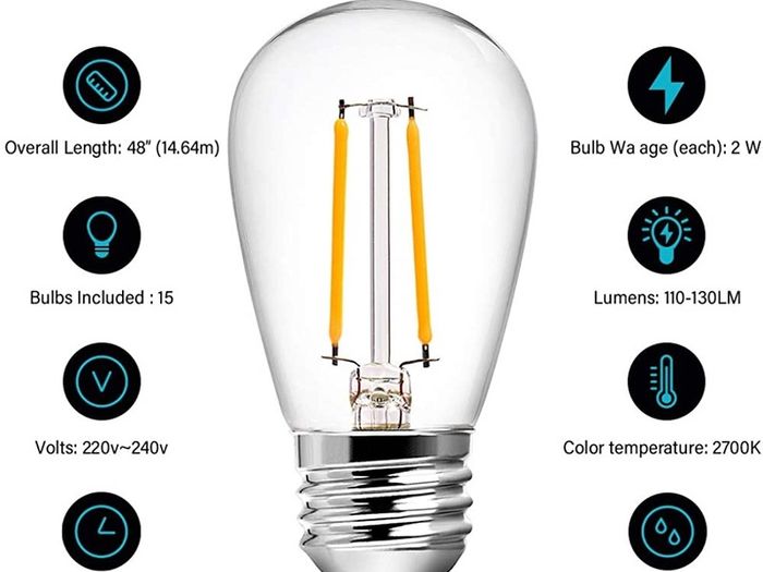 Outdoor String Lights Mains Powered, 48ft IP65 Waterproof Garden Festoon Lights, 15x2w 1 LED Bulbs Warm White Decorative Lighting for Home Patio Veranda Backyard Party Pergola (FREE POSTAGE)