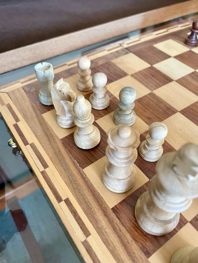 Vintage Marquetry Inlaid Folding Wooden Chess Board Chess Pieces Dice and Counters