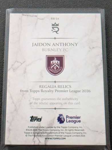 Jaidon Anthony Regalia Relics Match-Worn Memorabilia Topps Royalty Premier League