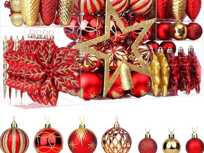 106pcs Christmas Baubles Ornaments for Christmas Tree Decorations Shatterproof Plastic Decorative Baubles Set for Festival/Holiday/Wedding Party Decoration with Hooks Included,Red & Gold