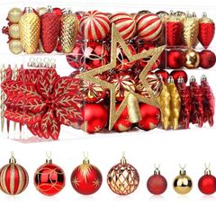 106pcs Christmas Baubles Ornaments for Christmas Tree Decorations Shatterproof Plastic Decorative Baubles Set for Festival/Holiday/Wedding Party Decoration with Hooks Included,Red & Gold