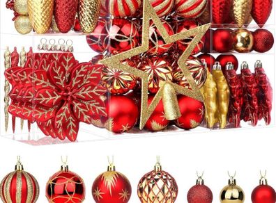 106pcs Christmas Baubles Ornaments for Christmas Tree Decorations Shatterproof Plastic Decorative Baubles Set for Festival/Holiday/Wedding Party Decoration with Hooks Included,Red & Gold