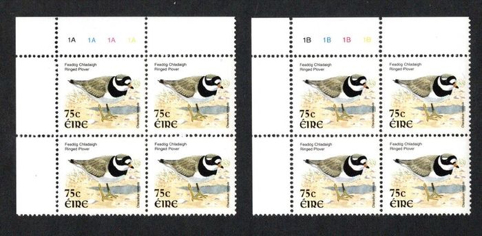 2002-04 Ireland Tenth Definitive Stamp Series Birds 75c  Ringed Plover Plate Block 1A1A1A1A & 1B1B1B1B Mint Never Hinged (MNH)