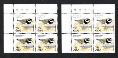 2002-04 Ireland Tenth Definitive Stamp Series Birds 75c  Ringed Plover Plate Block 1A1A1A1A & 1B1B1B1B Mint Never Hinged (MNH)