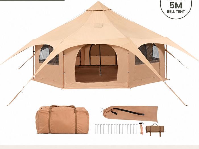 5m Canvas Bell Tent Luxury Glamping Tent with Stove Jack, 8 Mesh Windows & Year-Round Camping Shelter