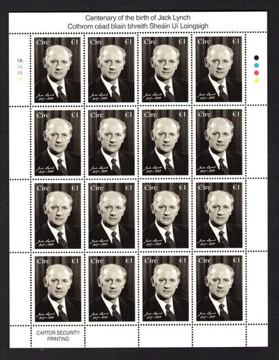 2017 Ireland The 100th Anniversary of the Birth of Jack Lynch, 1917-1999 Commemorative Stamp Sheetlet Plate 1A1A1A1A Mint Never Hinged (MNH)