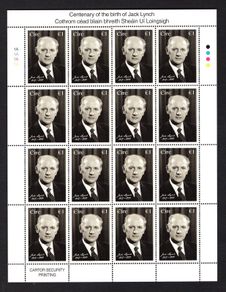 2017 Ireland The 100th Anniversary of the Birth of Jack Lynch, 1917-1999 Commemorative Stamp Sheetlet Plate 1A1A1A1A Mint Never Hinged (MNH)