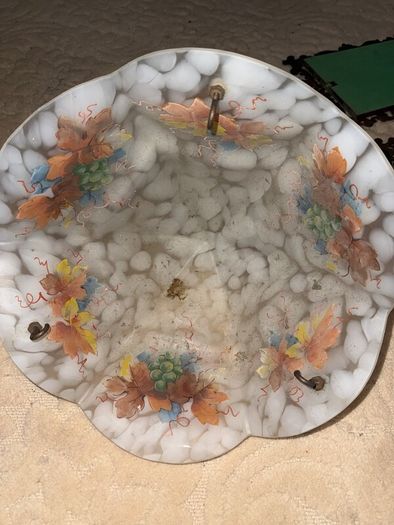Art Deco 1930s Mottled Glass Flycatcher Ceiling Light Shade, Hand Painted Grapes