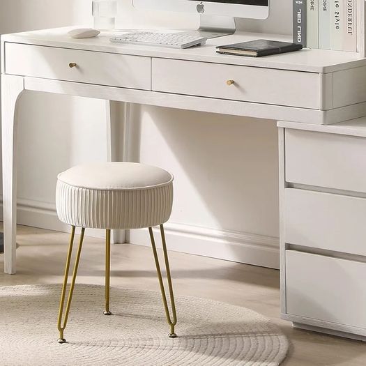 Velvet Round Footrest, Makeup Vanity Stool, Side Table, Pouf Couch Seat, Golden Steel Legs, Creamy-White L/G-30M