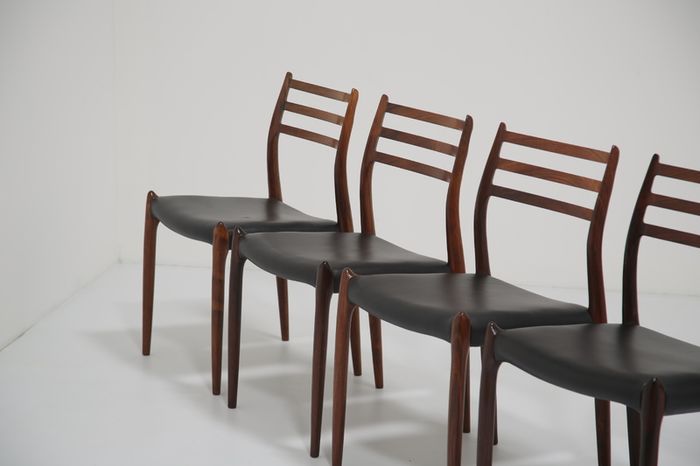 Vintage Set of 8 Rosewood and Leather Dining Chairs Model 78 by Niels Otto Moller, 1960s