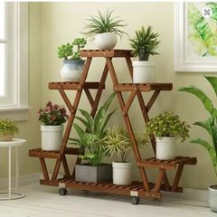 Wooden Plant Stand with Wheels Multi-Tier Display Shelf