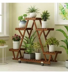 Wooden Plant Stand with Wheels Multi-Tier Display Shelf