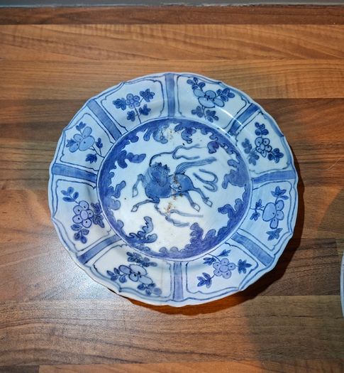 Antique Chinese blue and white dish, Ming dynasty, Wanli (1572-1620) and 18th Century Plate