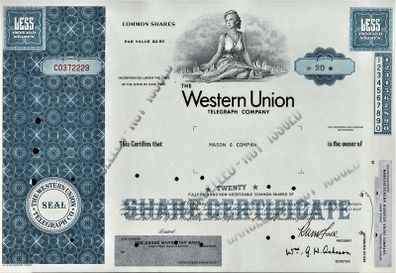 The Western Union Telegraph Company Stock Certificate-20 Shares