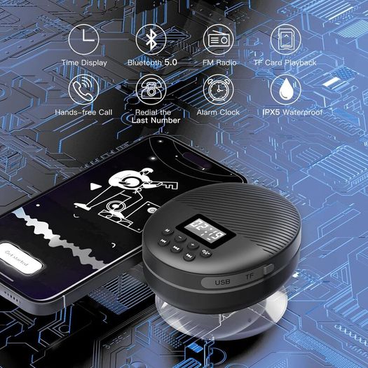 Shower Radio Speaker with Bluetooth 5.0, AGPTEK Waterproof Wireless Bathroom FM with Suction Cup 12H Long Playback Time, Lanyard, LCD Screen Display, Handsfree Calling, Storage Card Playback Black