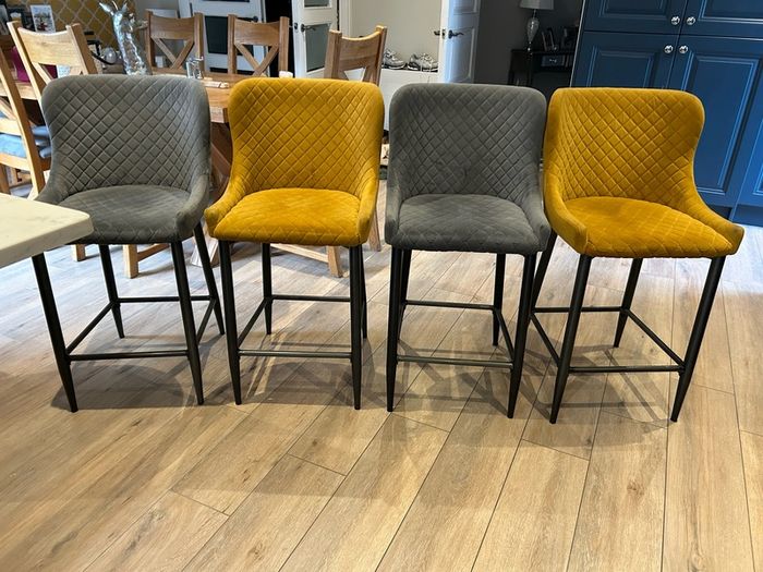 Velvet Barstool Set of 4 (2 Yellow Mustard and 2 grey)