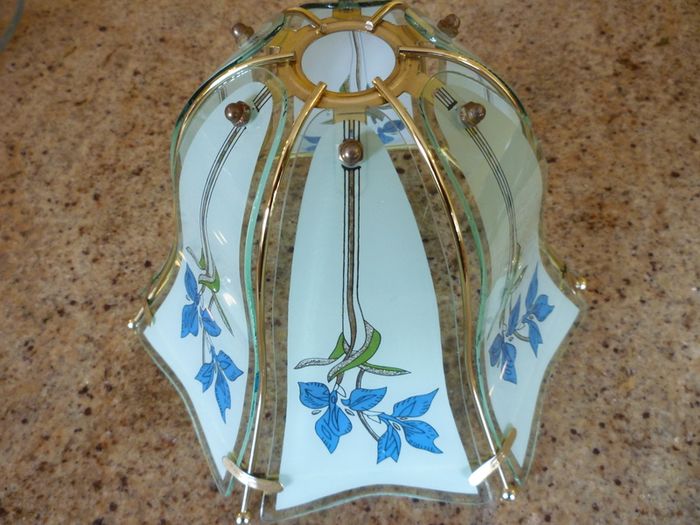 Glass Ceiling Light Shade Frosted Grey, Blue & Green, Gold Trim. SUPER CONDITION