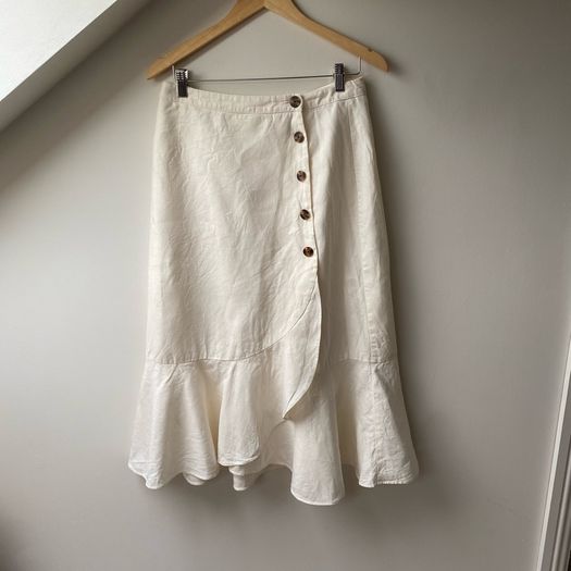 Whistles 100% Linen Button Frill Midi Skirt Cream / Ivory - Size 12
