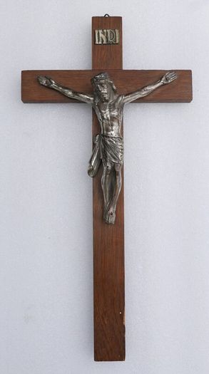 Vintage Wall Hanging Crucifix Wood Cross Heavy Metal Jesus length 12"