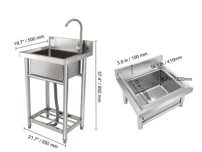 Stainless Steel Utility Sink, 1 Compartment Free Standing Small Sink Include Faucet & legs, 40.6 x 33 x 22.1 cm