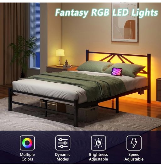 Double Bed Frame with Charging Station,LED Headboard,Black Modern Geometric Headboard Metal Platform Bed Frame for bedroom,Under Bed Storage Space,No Box Spring Needed,Easy Assembly