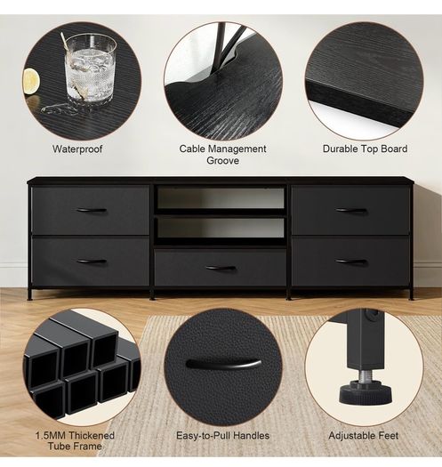TV Stand Cabinet, TV Unit with 5 Drawers, 140 cm, All Black TV Console Table with Storage Organizers, Entertainment Center with Open Shelf for Living Room, Bedroom