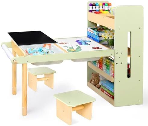 FUN Kids Sensory Table and 2 Chairs Set with Storage Bins & Shelves, Toddler Activity Table with Blackboard and Whiteboard, Childrens Art Table for Drawing Sand and Water Play Ages 3 to 8