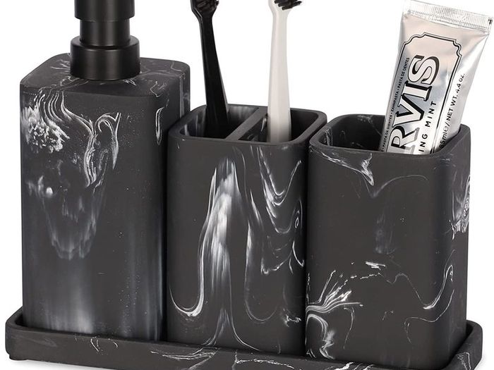 Bathroom Accessory Sets - Marble Design 4 Piece Bathroom Accessories Complete Set - Soap Dispenser, Toothbrush Holder, Bathroom Tray, Bathroom Tumbler - Vanity Countertop Organizer, Black