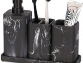 Bathroom Accessory Sets - Marble Design 4 Piece Bathroom Accessories Complete Set - Soap Dispenser, Toothbrush Holder, Bathroom Tray, Bathroom Tumbler - Vanity Countertop Organizer, Black
