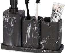 Bathroom Accessory Sets - Marble Design 4 Piece Bathroom Accessories Complete Set - Soap Dispenser, Toothbrush Holder, Bathroom Tray, Bathroom Tumbler - Vanity Countertop Organizer, Black