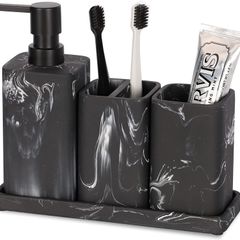 Bathroom Accessory Sets - Marble Design 4 Piece Bathroom Accessories Complete Set - Soap Dispenser, Toothbrush Holder, Bathroom Tray, Bathroom Tumbler - Vanity Countertop Organizer, Black