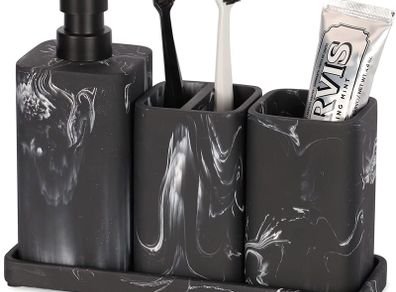 Bathroom Accessory Sets - Marble Design 4 Piece Bathroom Accessories Complete Set - Soap Dispenser, Toothbrush Holder, Bathroom Tray, Bathroom Tumbler - Vanity Countertop Organizer, Black