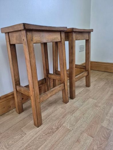 Pair of Vintage Solid Oak School Lab Stools Perfect Counter Height