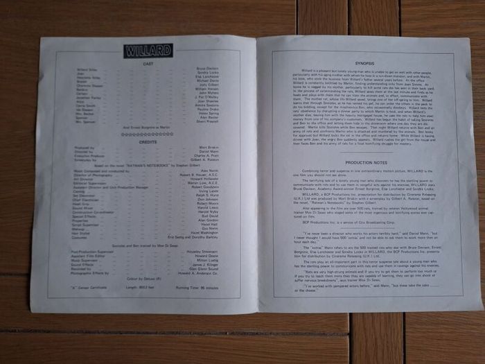 1971 Willard Pressbook & Press Kit Synopsis & Press Photos
