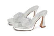 Silver embellished heel sandals, size 6