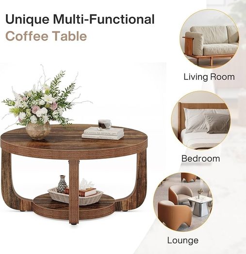 Round Coffee Table, 2-Tier Round Coffee Table with Storage Space, 80cm Modern Wooden Accent Table for Living Room, Thick Table Top and Base, Rustic Brown