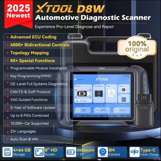 XTOOL D8W D8S Bluetooth Car Diagnostics , mileage correction Tool Automotive Scanner  ECU Coding Bi-directional 42+ Resets CANFD DOIP FCA Topology