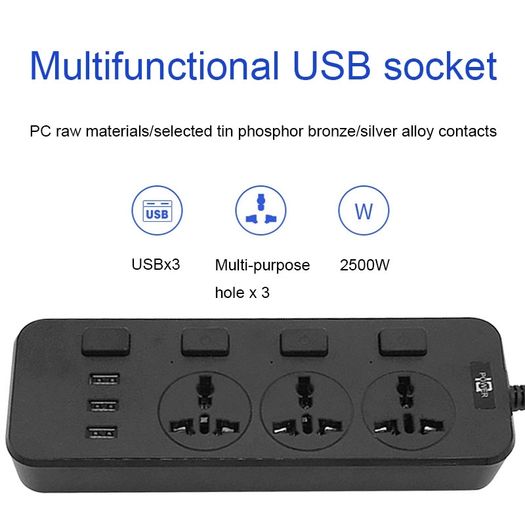 T14 2m 2500W 3 Plugs + 3-USB Ports Multifunctional Socket With Switch, Specification: EU Plug (Black)