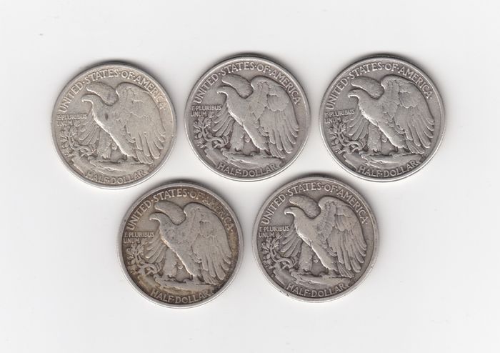 USA, 5 x Walking Liberty, Half Dollar, 90% silver coins (no. G25)