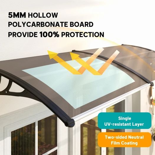 75 x 195 cm Curved Door Window Awning Canopy, Polycarbonate Cover for Front Door and Outdoor Patio, UV Rain Snow Protection Shelter, Brown