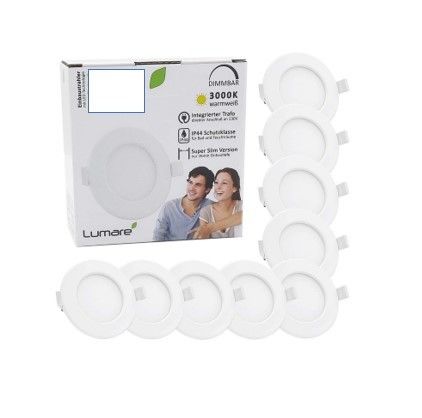 Lumare 90mm White LED Ultra-Flat and Dimmable Recessed Spotlight, Mini Slim Ceiling Spots in Warm White for Living Room