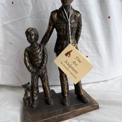 Signed Jeanne Rynhart Bronze Statue - Male Garda and Boy With Tag
