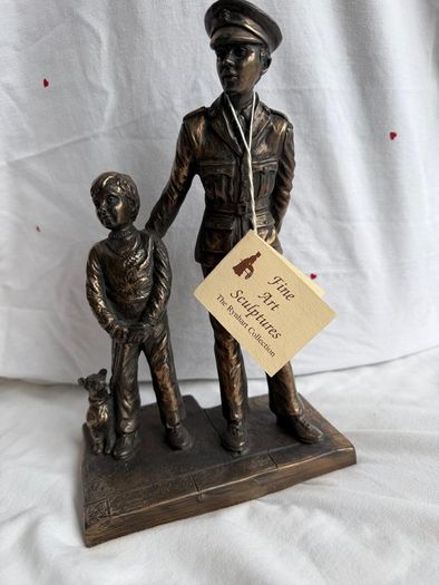 Signed Jeanne Rynhart Bronze Statue - Male Garda and Boy With Tag