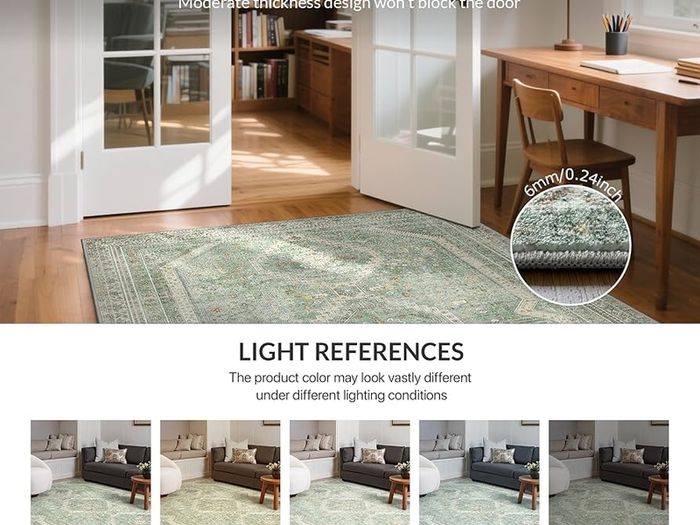 Living Room Rug Without Plush, Washable Kitchen Rug, Non-Slip Rug, Bedroom Hallway, Desk Chair Mat, Dining Room, Green, 120 x 170 cm