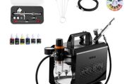 Airbrush Kit, 1/6 HP, Air Brush Kit with Air Compressor, 1 Dual-Action Professional Airbrush with 3 Tips, Hose, Acrylic Paint, Brush, Low Noise, for Cake Decorating, Model Painting, Nail Art