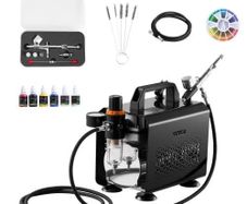 Airbrush Kit, 1/6 HP, Air Brush Kit with Air Compressor, 1 Dual-Action Professional Airbrush with 3 Tips, Hose, Acrylic Paint, Brush, Low Noise, for Cake Decorating, Model Painting, Nail Art