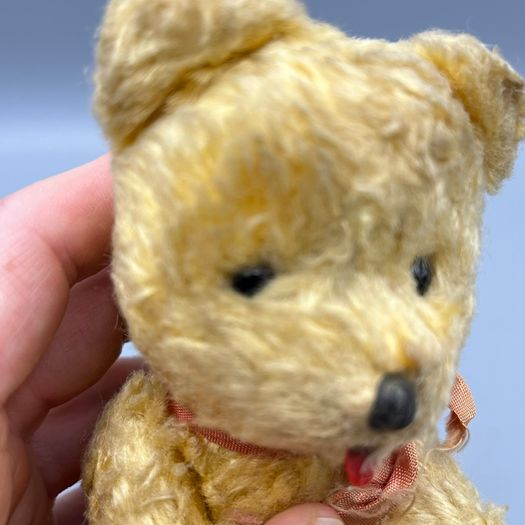 Vintage Teddy Bear - Jointed - Glass Eyes with Ribbon - 14cm