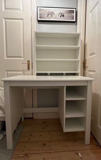 White vanity dressing table with shelf storage